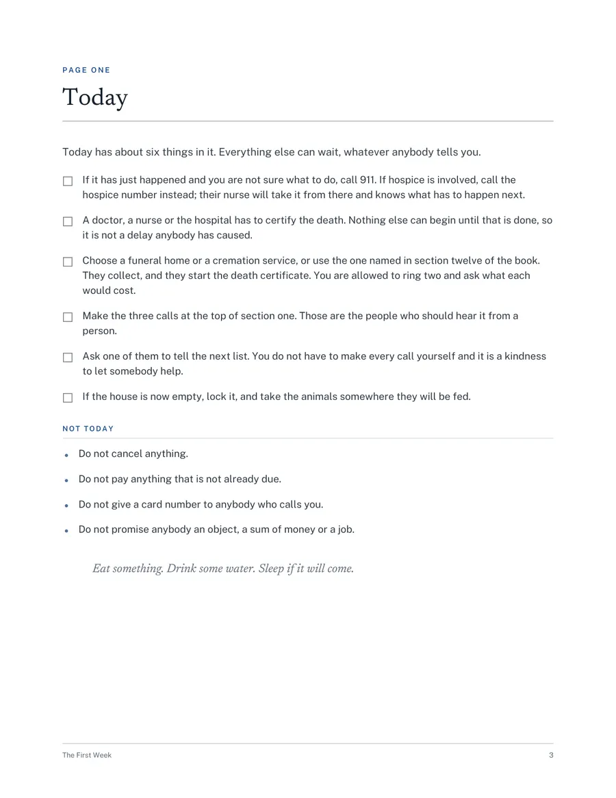 A page of The First Week: what to do today, in the order it needs doing.